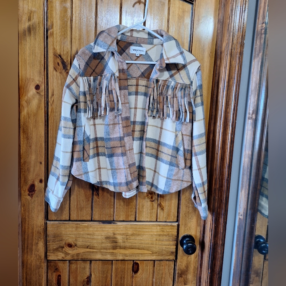 Vigoss Plaid Fringe Jacket - Brown and Cream